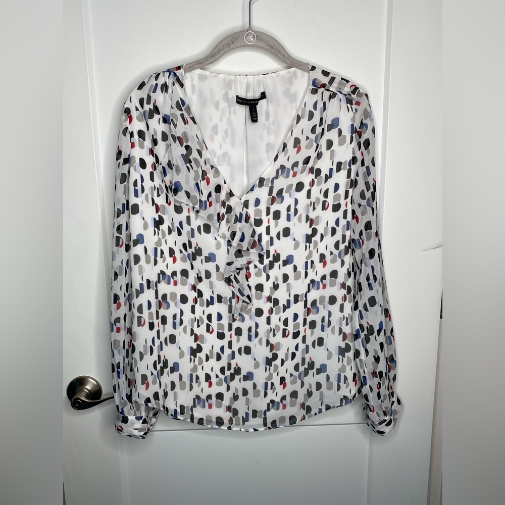 White House Black Market Semi-Sheer Dot Print Ruffle Top women’s size 4